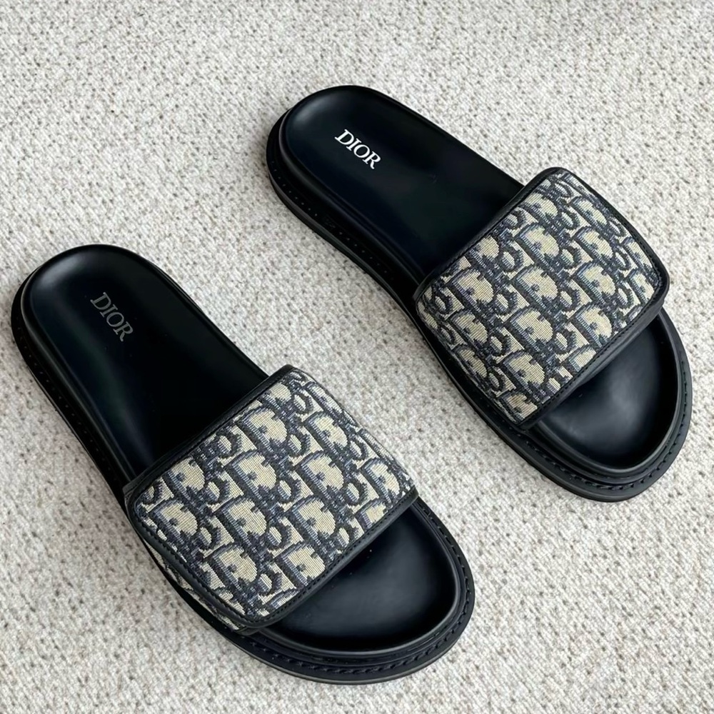 Dior Black Footbed Beige & Black Oblique Monogram Slide Sandals